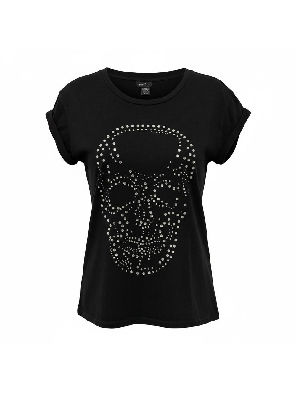 rue21 Black Grunge Goth T-Shirt with Silver Studded Skull Design, Size M